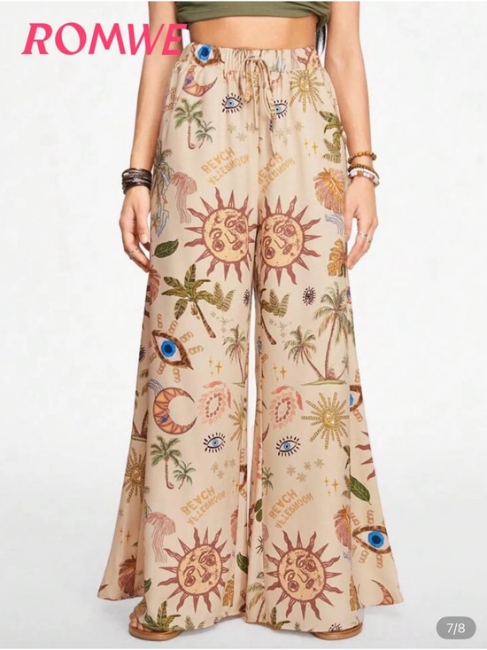 ROMWE Pants - ROMWE Celestial Sun Moon Wide Leg Pants Boho Festival Flowy Palazzo Beachy